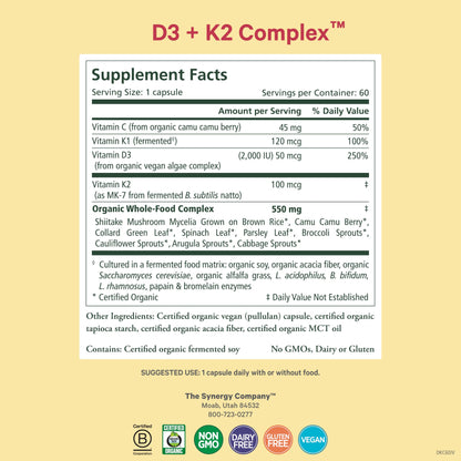 Cápsulas PURE SYNERGY D3 y K2 veganas complejo para huesos saludables