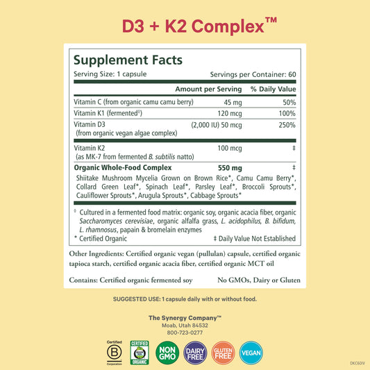Cápsulas PURE SYNERGY D3 y K2 veganas complejo para huesos saludables