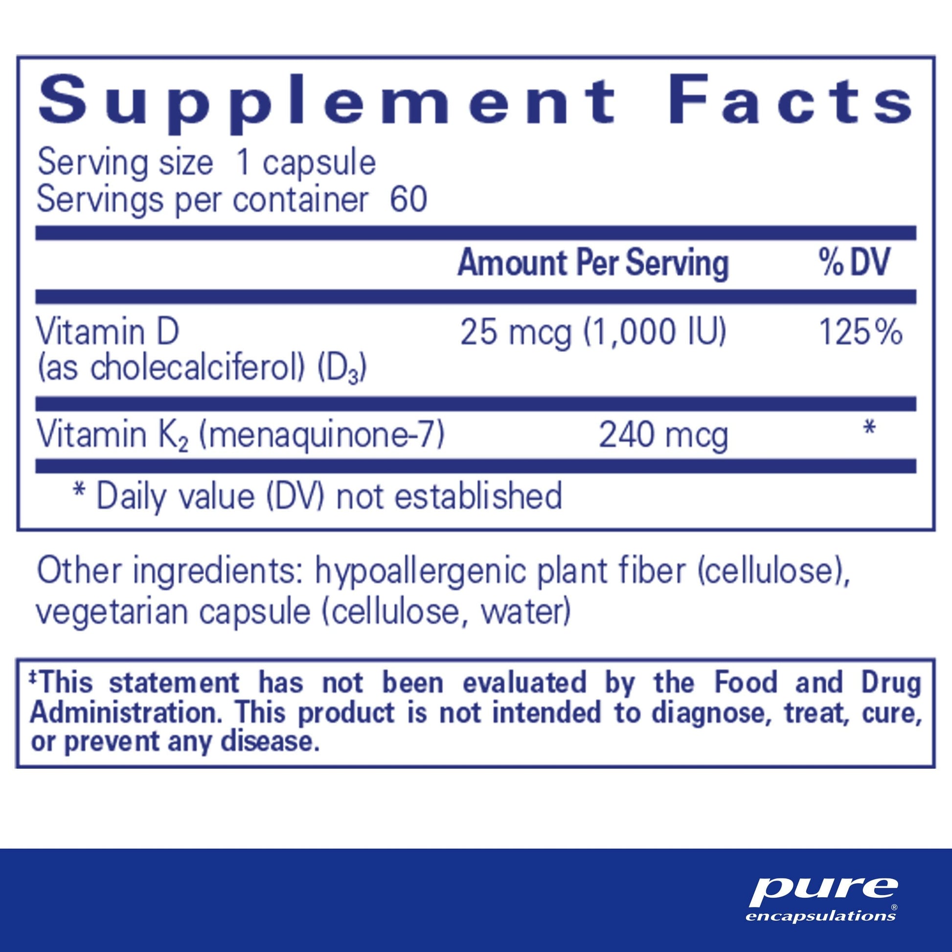 Cápsulas PureHeart K2D Pure Encapsulations para salud cardiovascular
