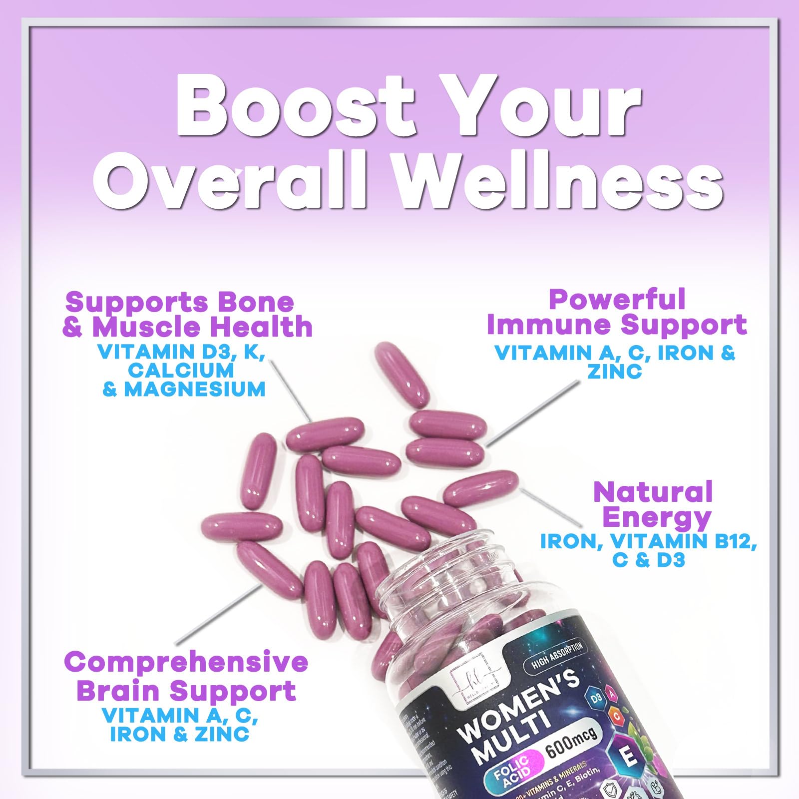 Cápsulas rosadas multivitaminas para mujeres en botella