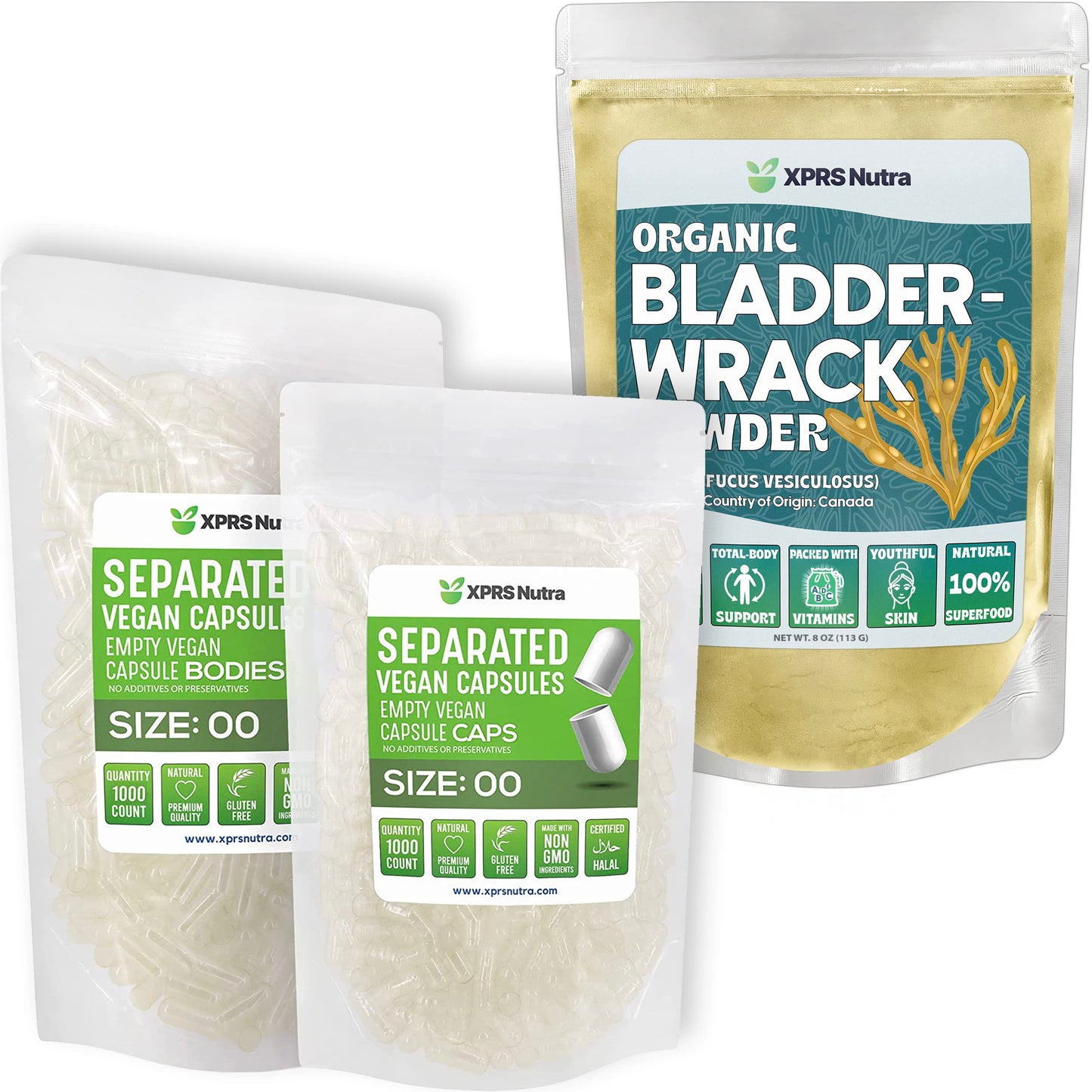 Cápsulas separadas tamaño 00 y polvo de bladderwrack.