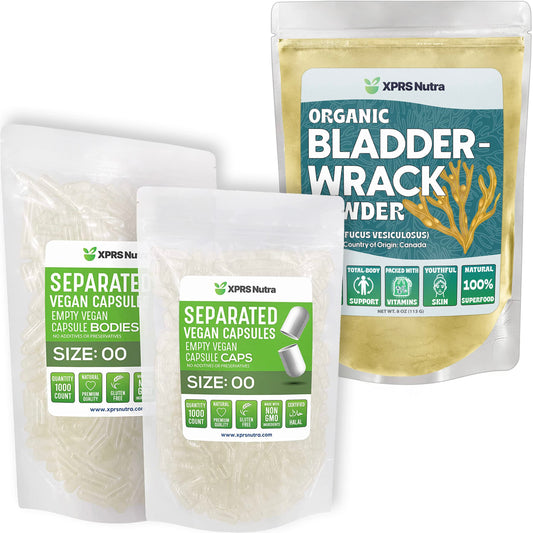 Cápsulas separadas tamaño 00 y polvo de bladderwrack.