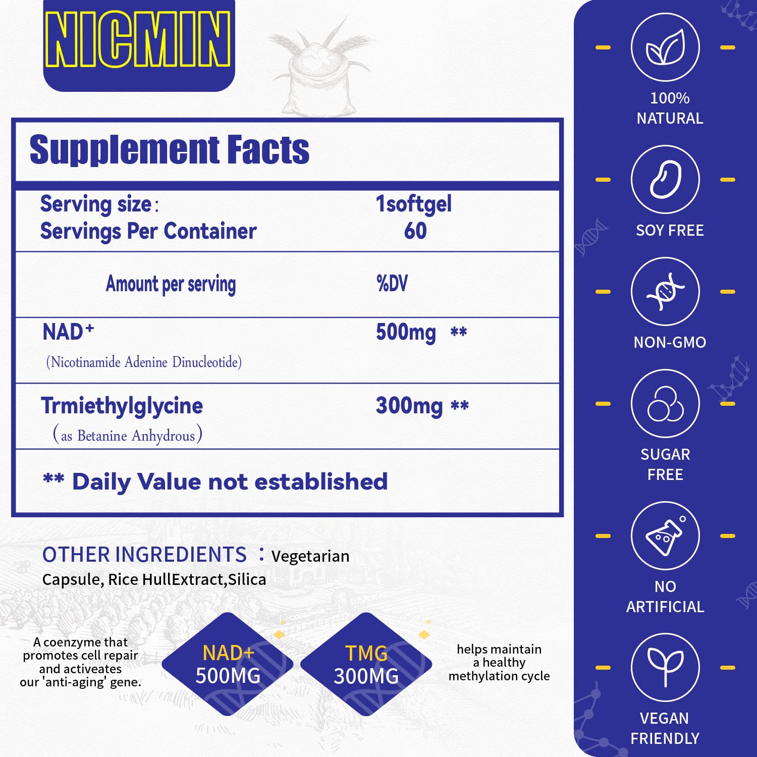 Cápsulas del suplemento NAD+ NICMIN para envejecimiento saludable