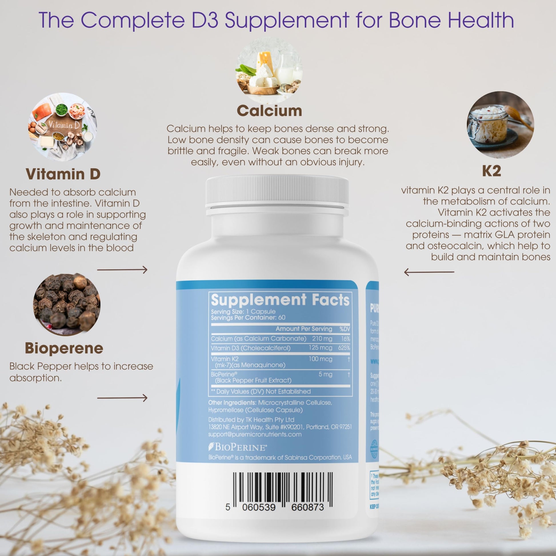 Cápsulas suplemento vitamina D3 K2 Pure Micronutrients