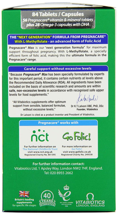 Cápsulas y tabletas Pregnacare Max nutrición prenatal