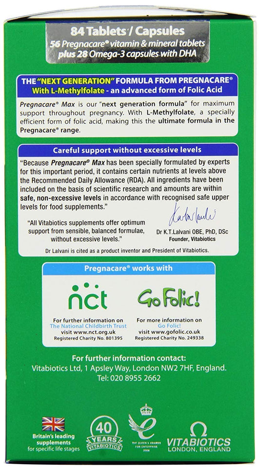Cápsulas y tabletas Pregnacare Max nutrición prenatal
