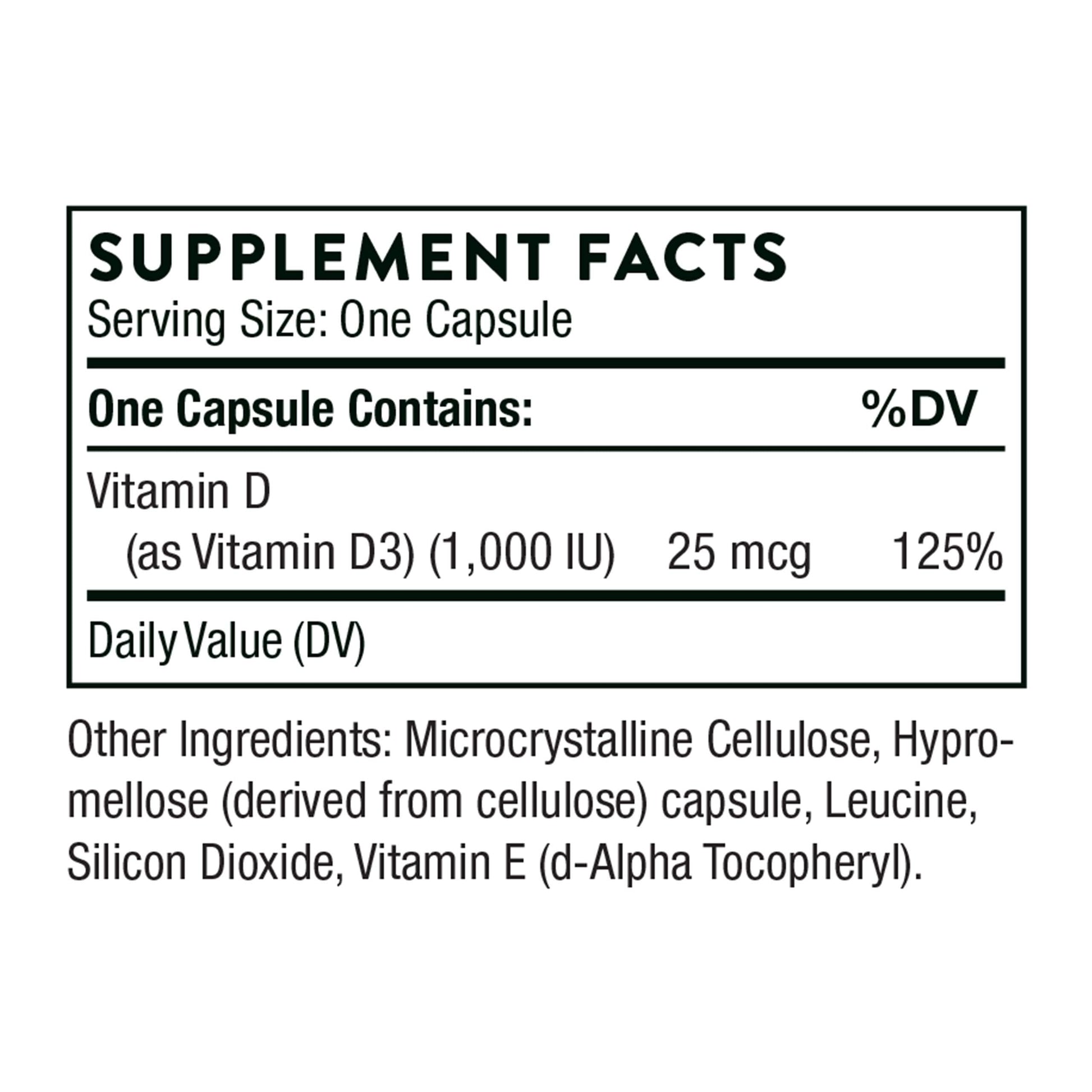 Cápsulas Thorne vitamina D3 1000 UI sin gluten lácteos ni soya