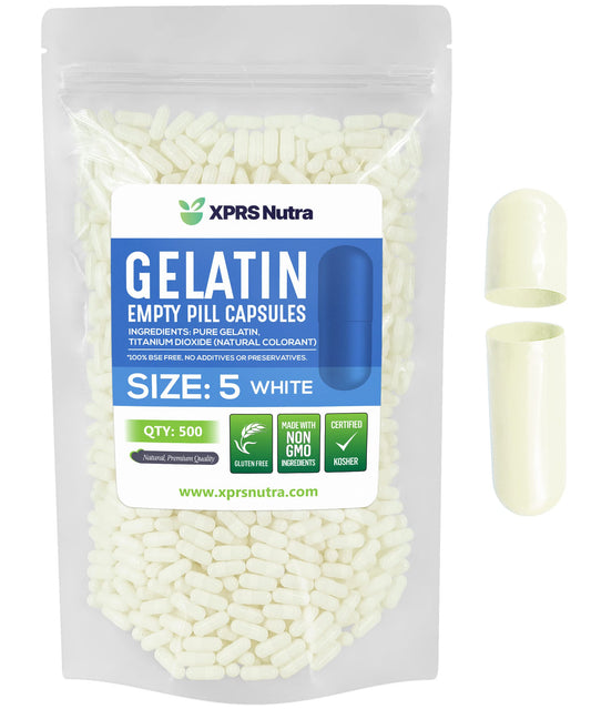 Paquete de cápsulas vacías de gelatina talla 5 XPRS Nutra blanca