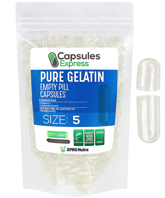 Paquete de cápsulas vacías de gelatina talla 5 XPRS Nutra transparente