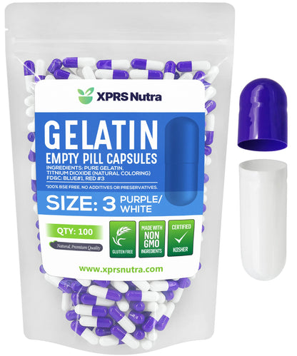 Paquete de cápsulas vacías de gelatina púrpura y blanca.