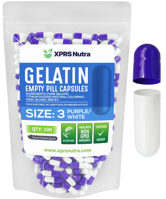 Paquete de cápsulas vacías de gelatina púrpura y blanca.