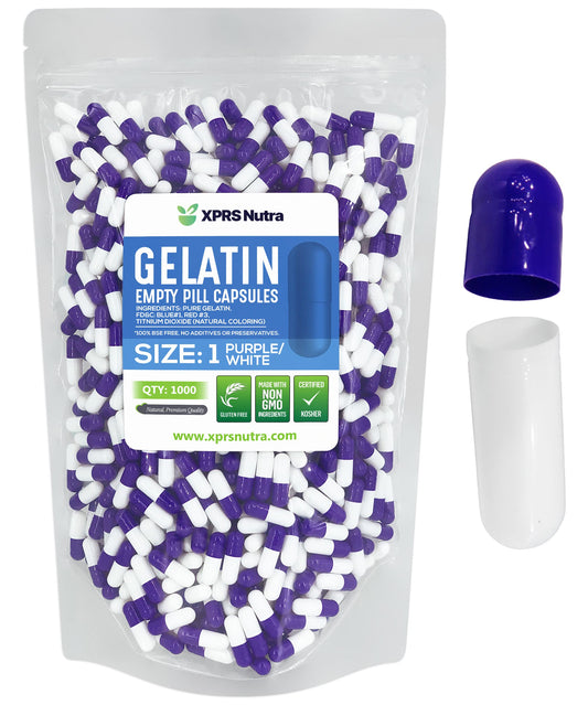 Paquete de cápsulas vacías de gelatina tamaño 1 púrpura y blanco