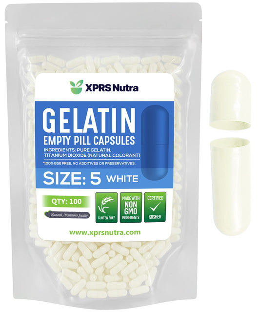 Cápsulas vacías de gelatina tamaño 5 en bolsa con diseño seguro de clip, blancas.