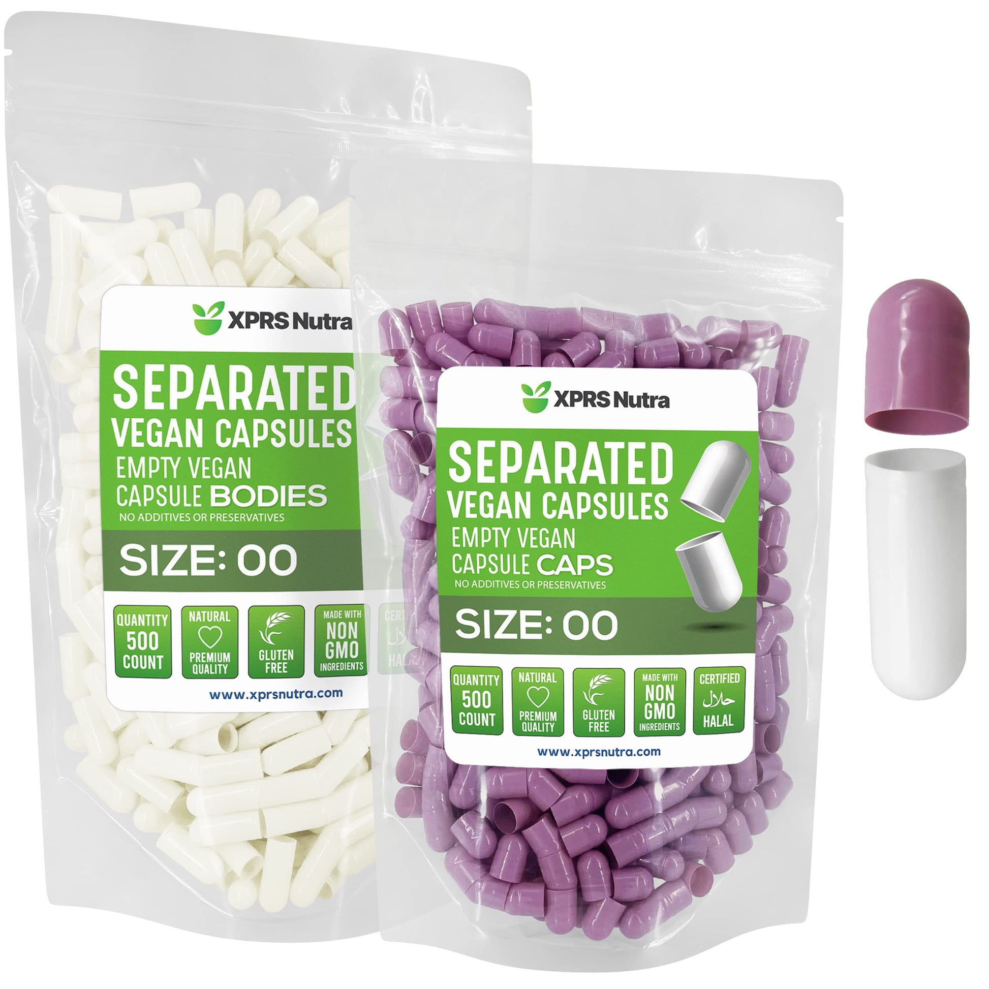 Cápsulas vacías veganas XPRS Nutra tamaño 00 en lavanda y blanco