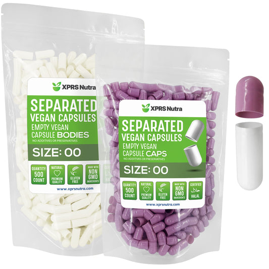 Cápsulas vacías veganas XPRS Nutra tamaño 00 en lavanda y blanco
