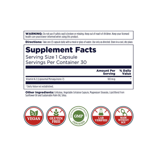 Cápsulas veganas KAL Vitamina K2 liposomal para huesos