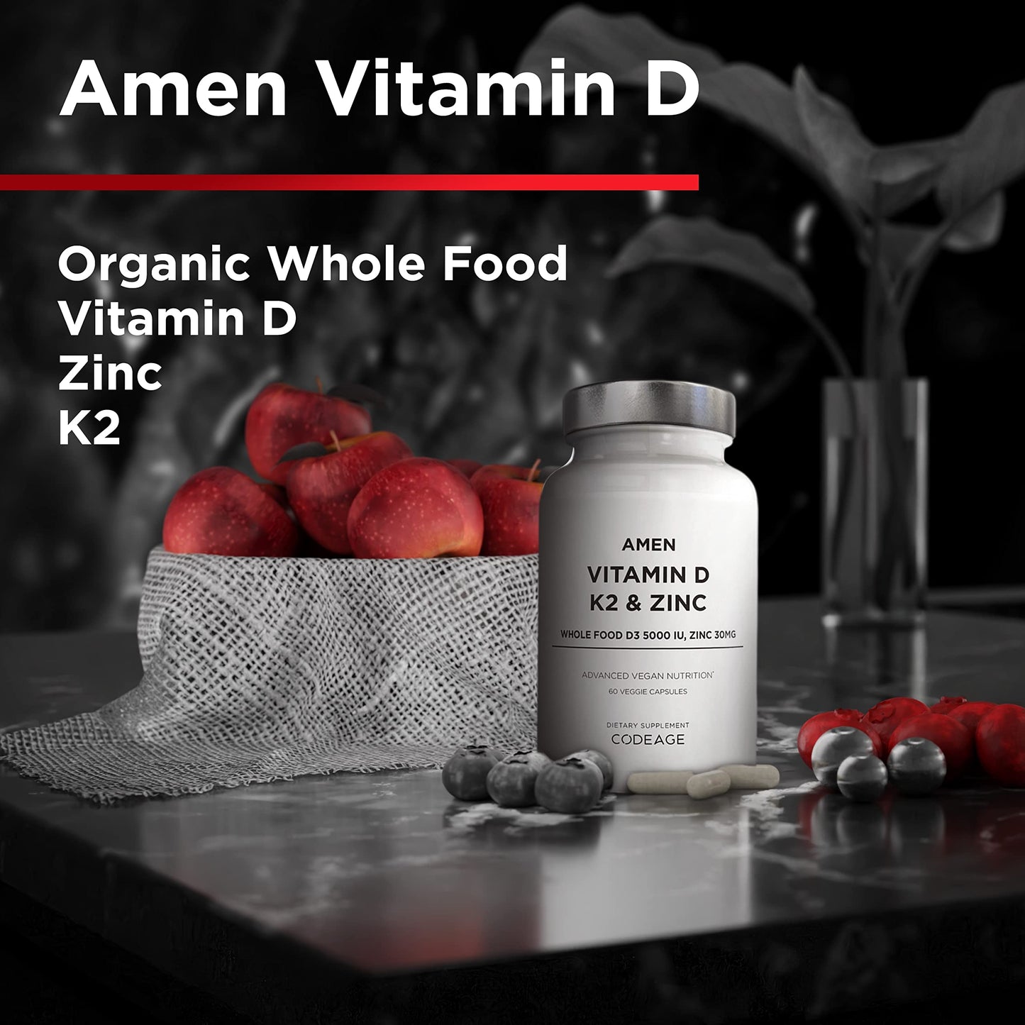 Cápsulas veganas de vitamina d, k2 y zinc por amen