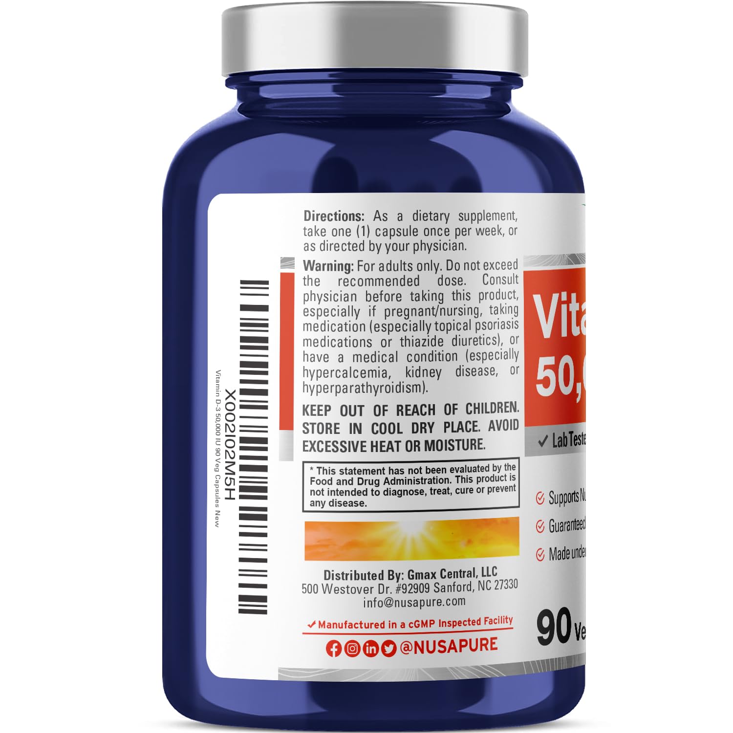 Cápsulas veganas NusaPure Vitamina D3 50,000 UI