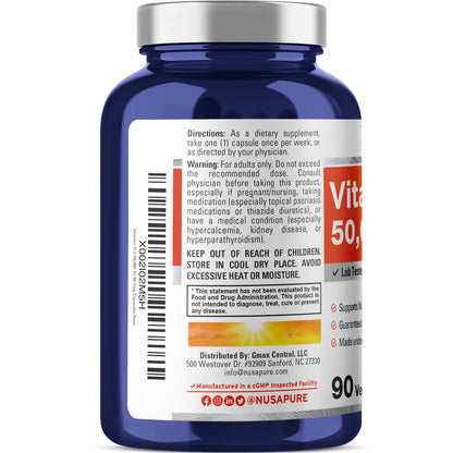 Cápsulas veganas NusaPure Vitamina D3 50,000 UI