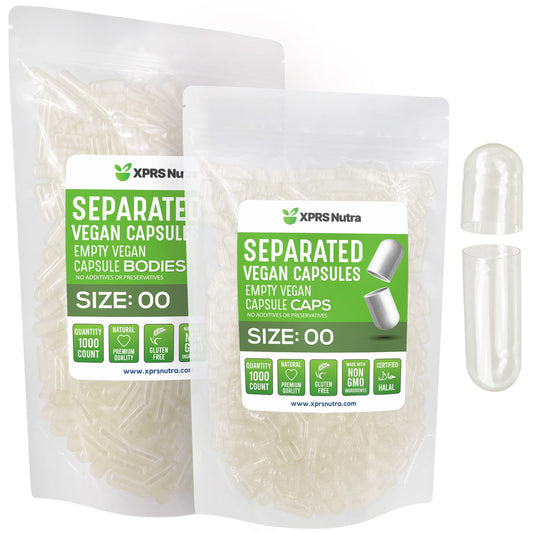 Paquete de cápsulas veganas tamaño 00 XPRS Nutra listas para llenar.
