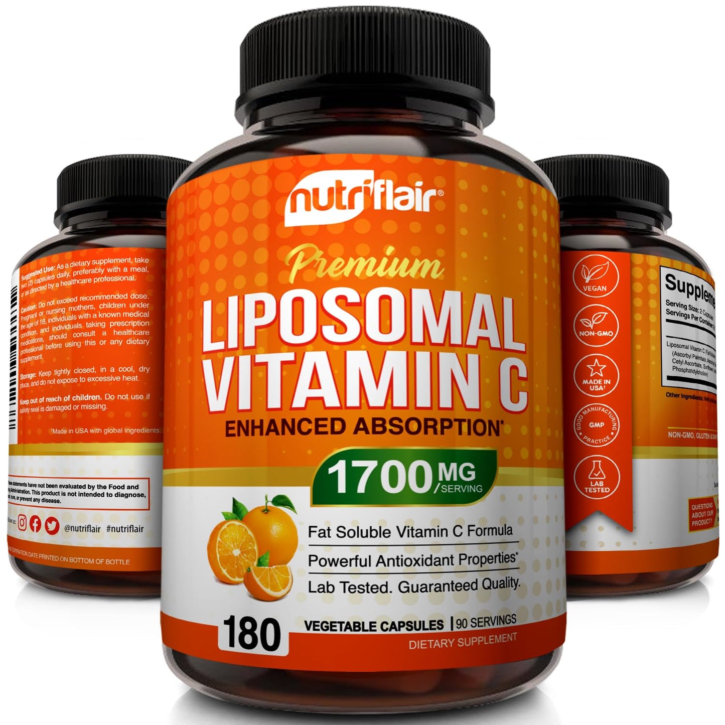 Cápsulas veganas vitamina c liposomal NutriFlair 1700mg 180 unidades