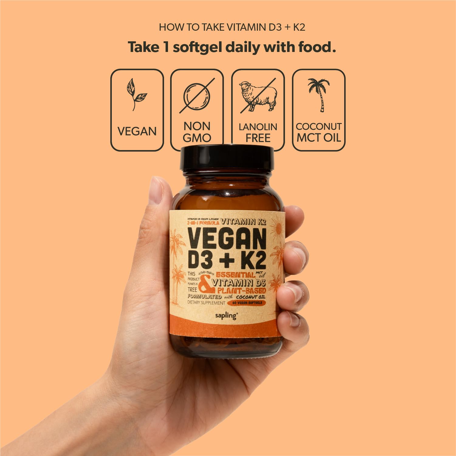 Cápsulas veganas Vitamina D3 y K2 Sapling para huesos sanos