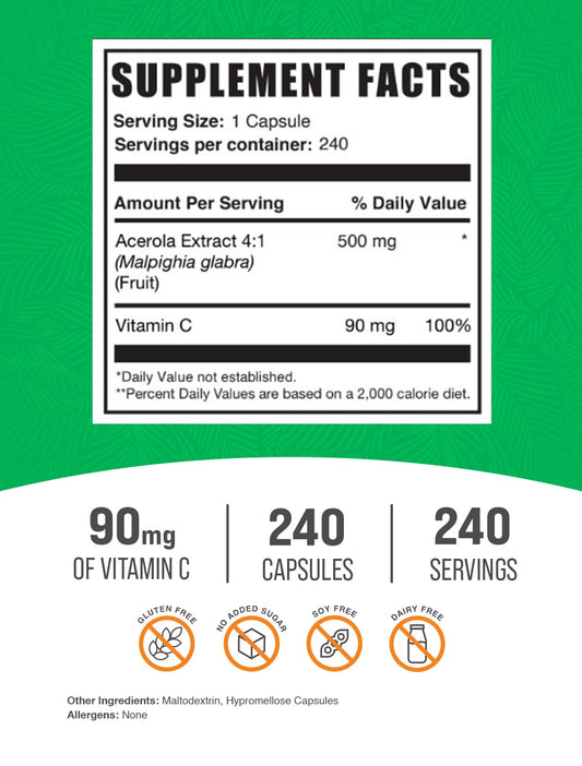 Cápsulas Vegetales BulkSupplements Vitamina C Extracto Acerola