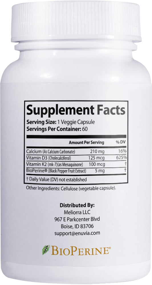 Cápsulas vegetales Enuvia D3 K2 suplemento vitamina y calcio