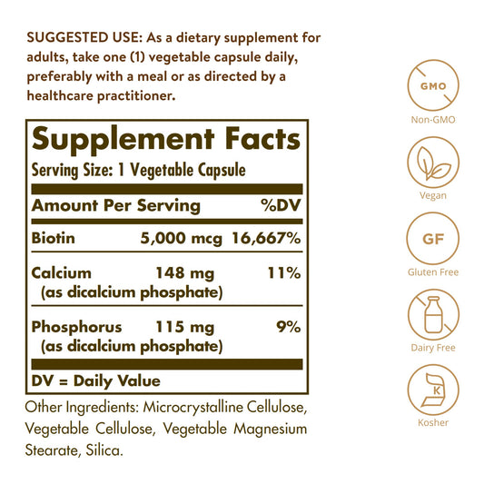 Cápsulas vegetales Solgar Biotina 5000 mcg 100 tabletas