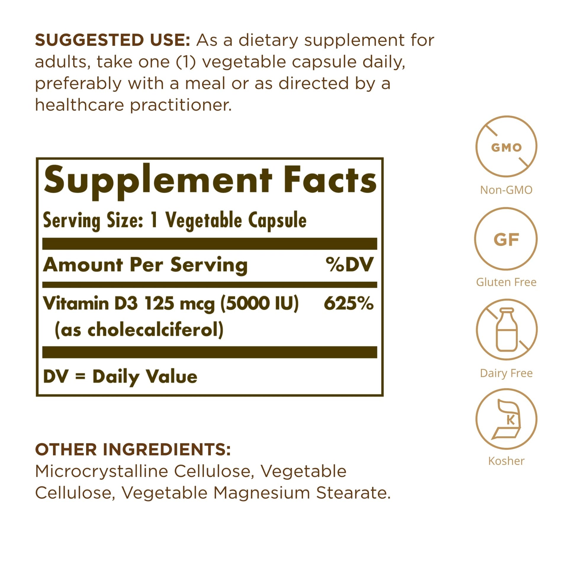 Cápsulas vegetales SOLGAR vitamina D3 5000 IU para salud ósea e inmunológica