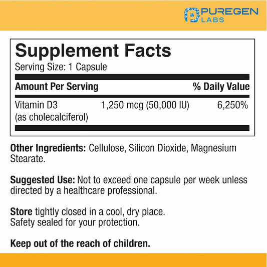 Cápsulas Vegetales Vitamina D3 50,000 IU Puregen Labs