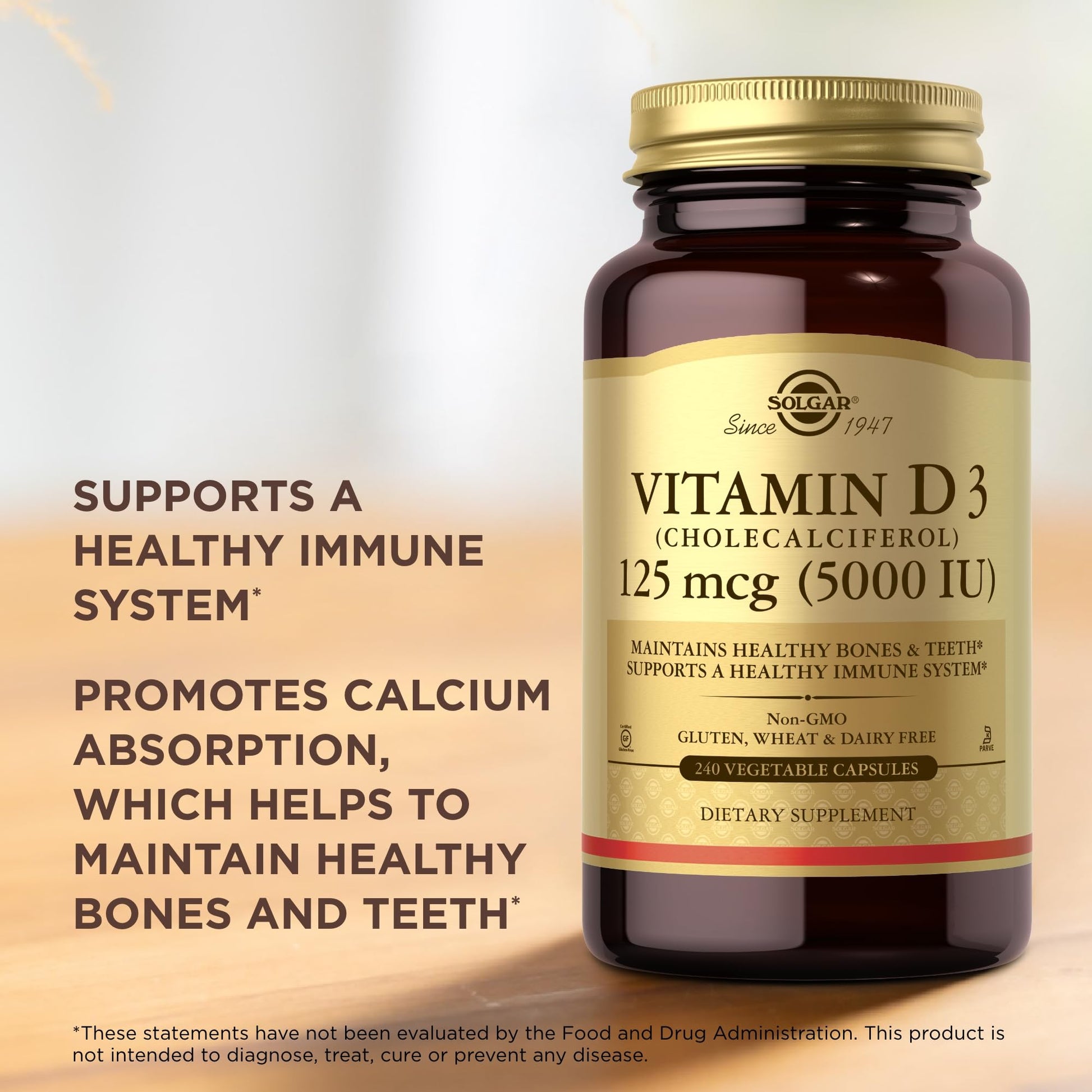 Cápsulas vegetales de vitamina D3 5000 IU SOLGAR para soporte inmunológico