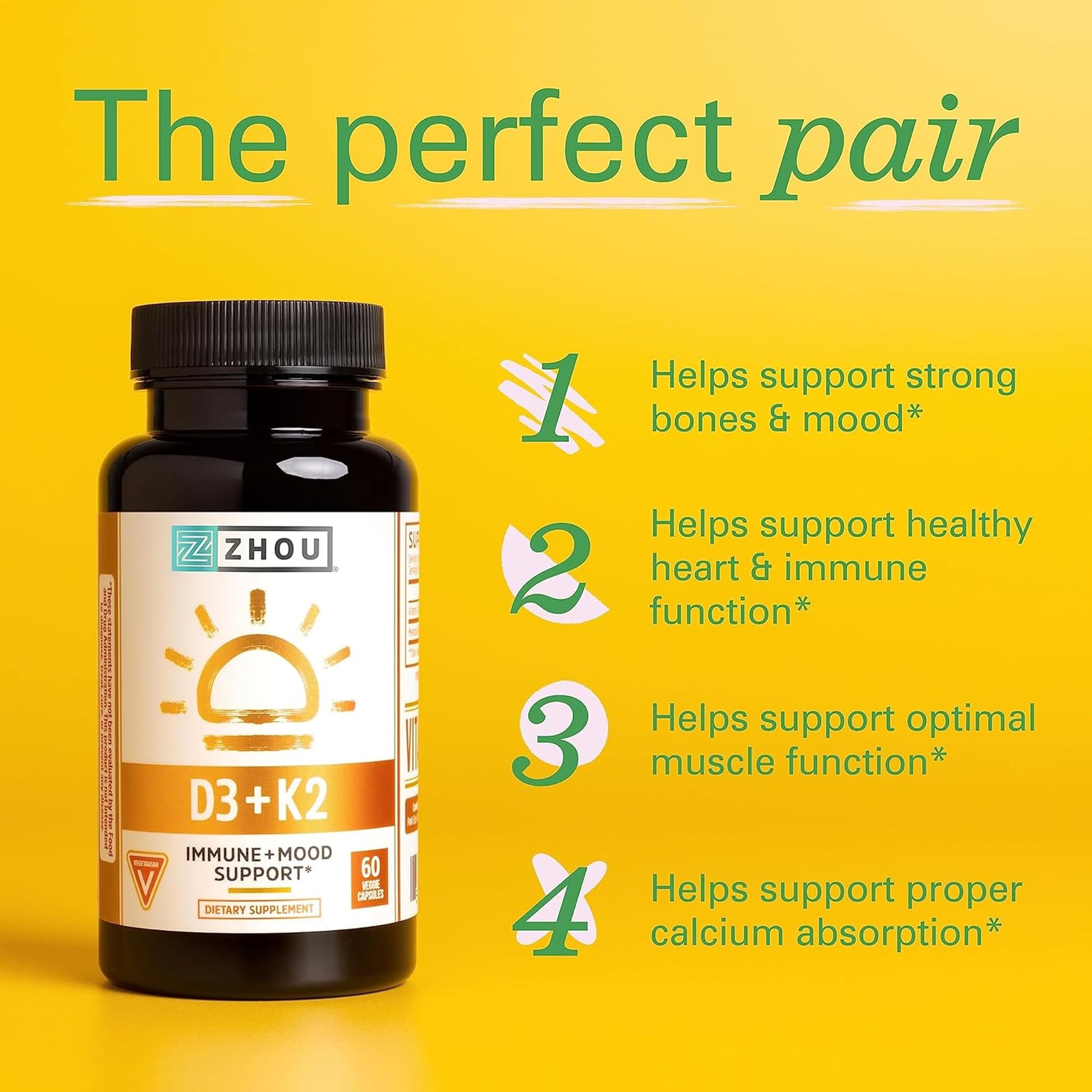 Cápsulas vegetales Zhou con vitamina D3 y K2 para salud