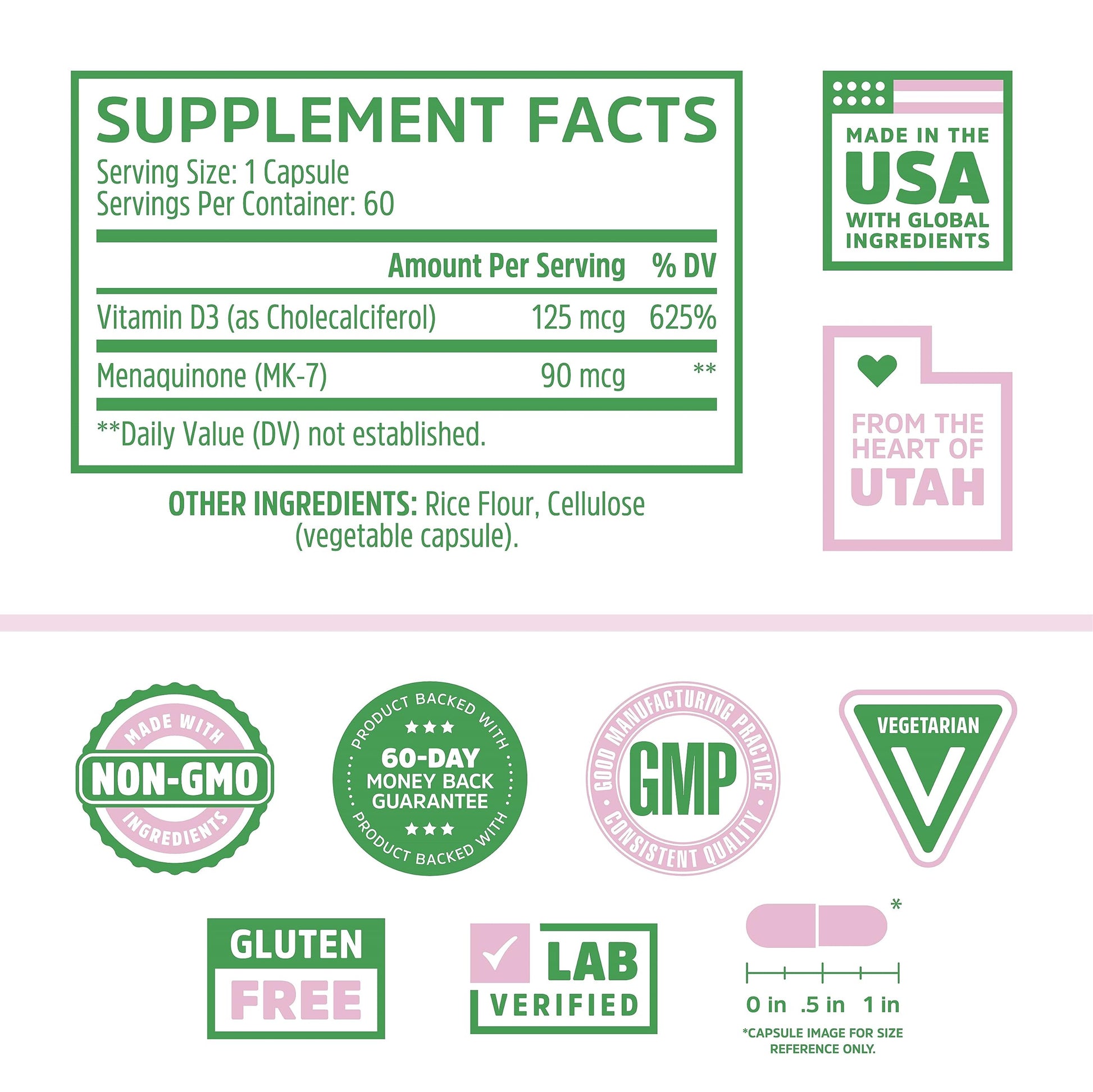 Cápsulas vegetales Zhou con vitamina D3 y K2 alta potencia