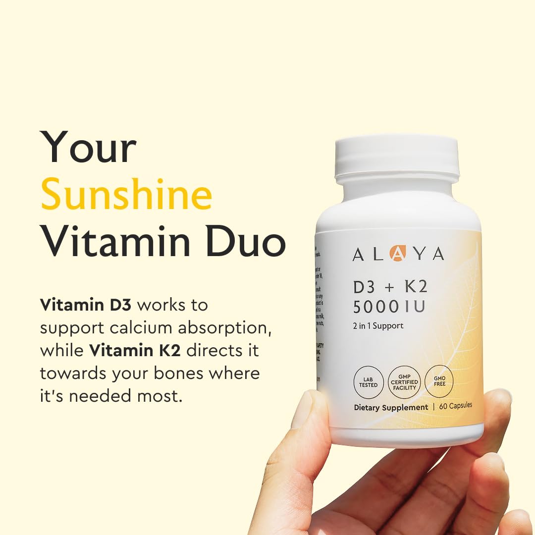 Cápsulas vegetarianas Alaya Naturals vitamina D3 y K2 alta potencia