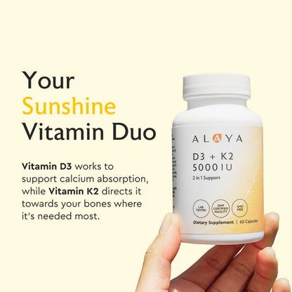 Cápsulas vegetarianas Alaya Naturals vitamina D3 y K2 alta potencia