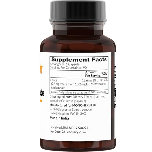 Cápsulas vegetarianas MONOHERB L-metilfolato 7.5 mg