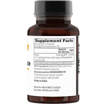 Cápsulas vegetarianas MONOHERB L-metilfolato 7.5 mg