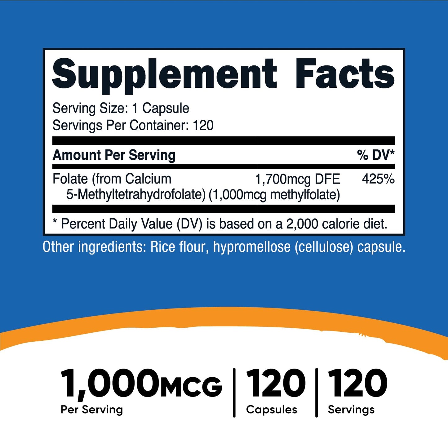 Cápsulas vegetarianas Nutricost Metilfolato 1000 mcg