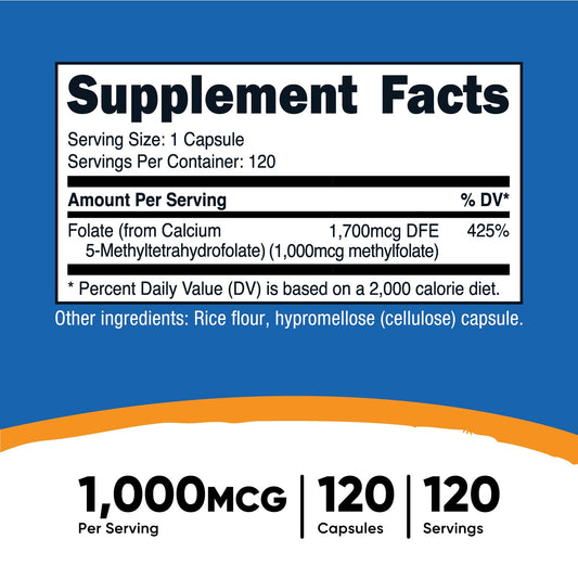 Cápsulas vegetarianas Nutricost Metilfolato 1000 mcg