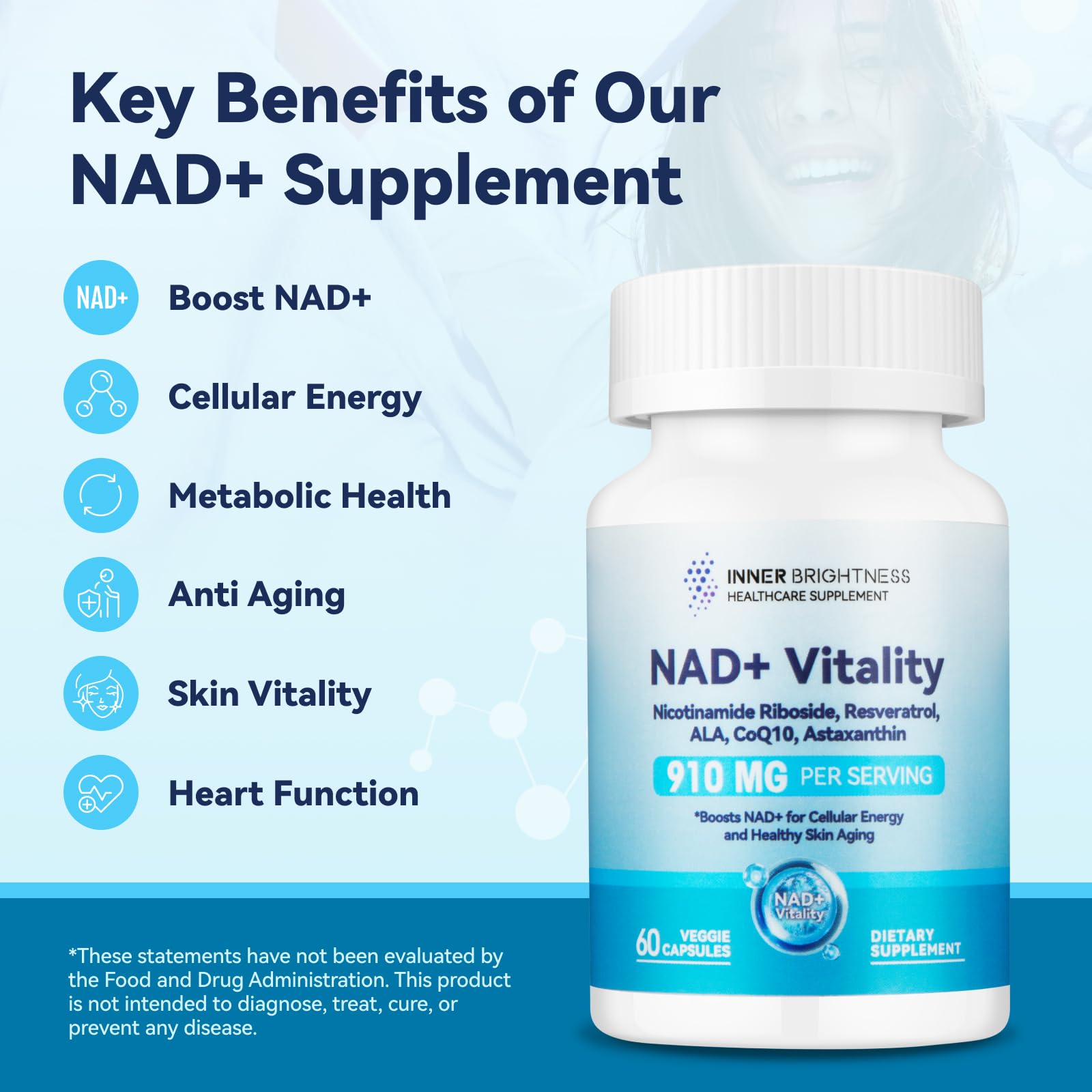 Cápsulas vegetarianas suplemento NAD+ con resveratrol y astaxantina