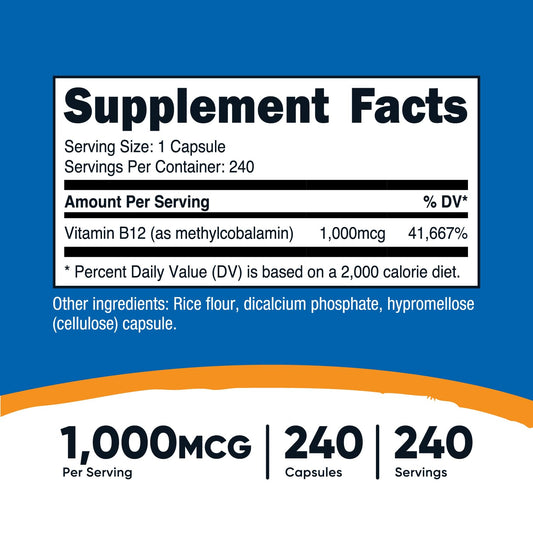 Cápsulas de vitamina B12 1000mcg vegetariano Nutricost
