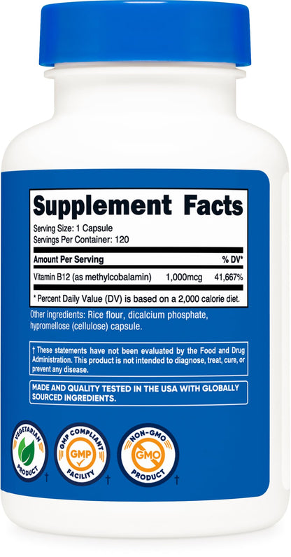 Cápsulas vitamina B12 Nutricost sin gluten y sin GMO