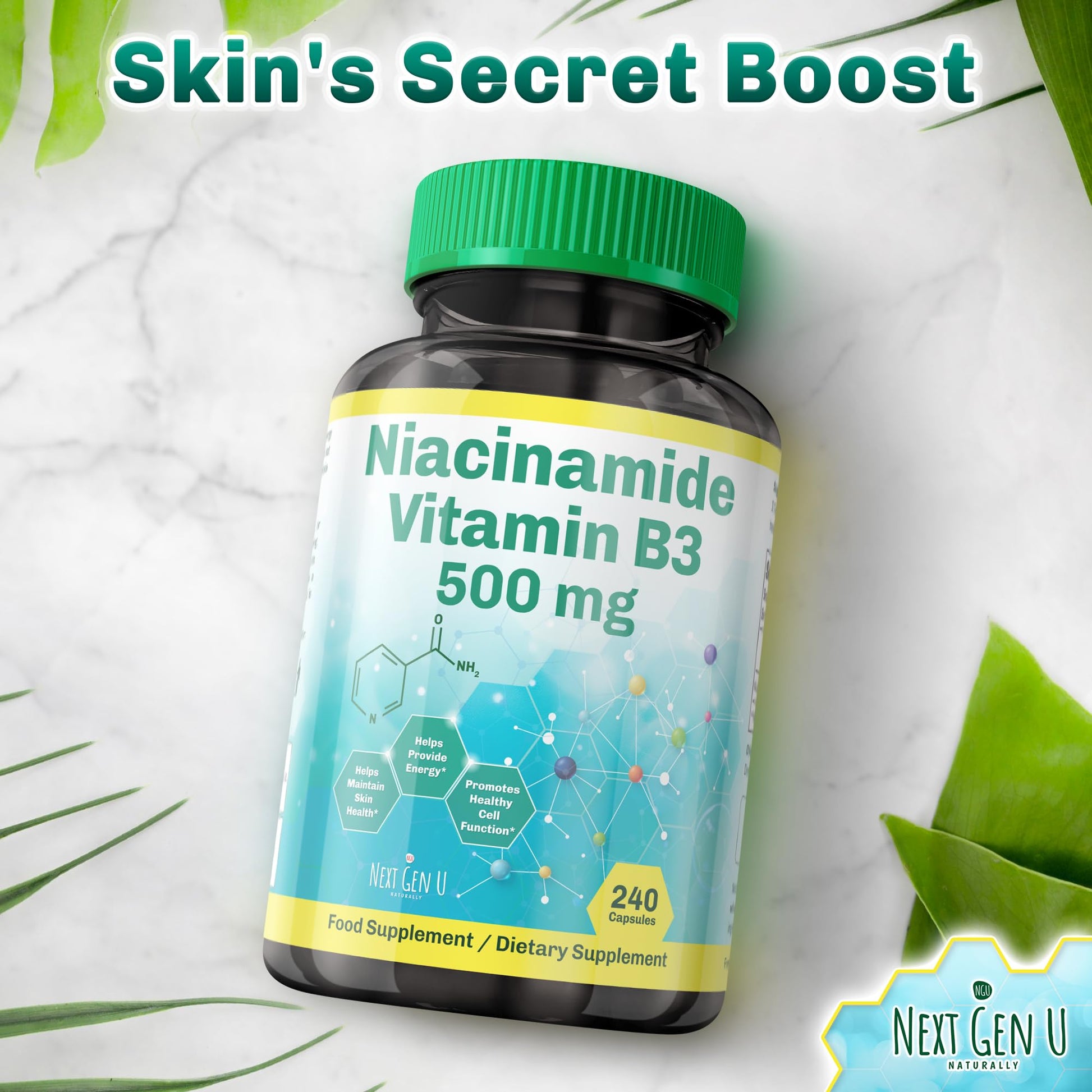Cápsulas blancas suplementos vitamina B3 niacinamida 500 mg NGU