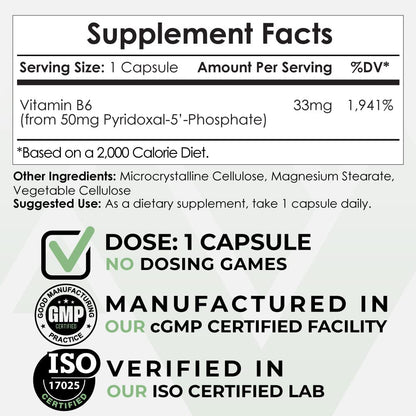 Cápsulas de vitamina B6 activa Piridoxal-5'- Fosfato