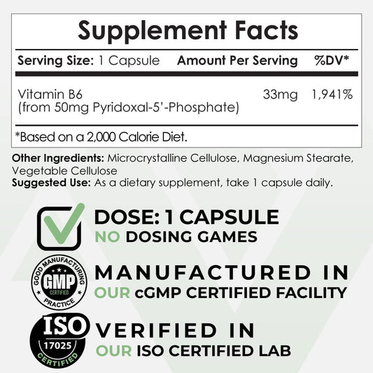 Cápsulas de vitamina B6 activa Piridoxal-5'- Fosfato