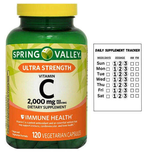 Cápsulas de vitamina C 2000mg Spring Valley sobre fondo blanco