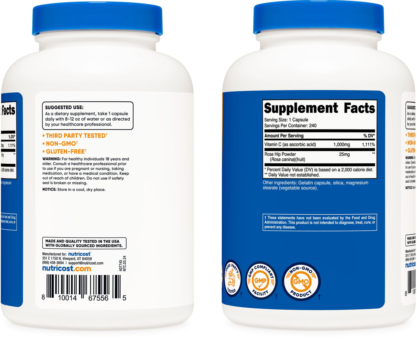 Cápsulas de vitamina c Nutricost con escaramujo