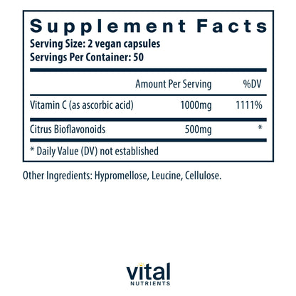 Cápsulas de vitamina c veganas Vital Nutrients 1000mg 100 unidades