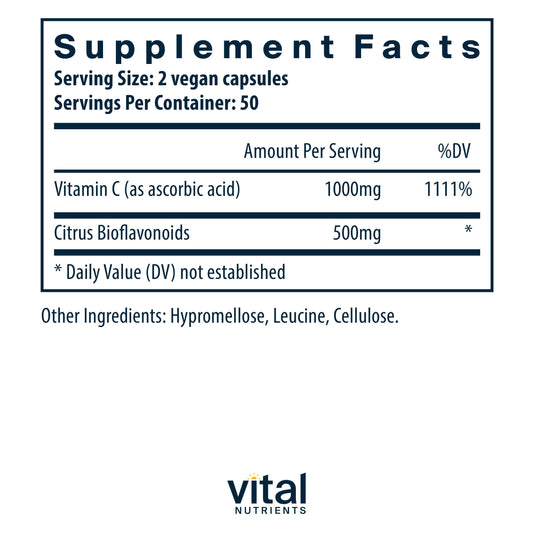 Cápsulas de vitamina c veganas Vital Nutrients 1000mg 100 unidades